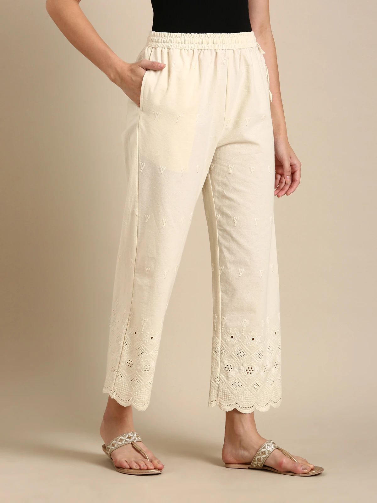 Plazo Pants Women's Off-White Pure Cotton Chikankari Embroidered Trousers with Schiffli Scalloped Hem